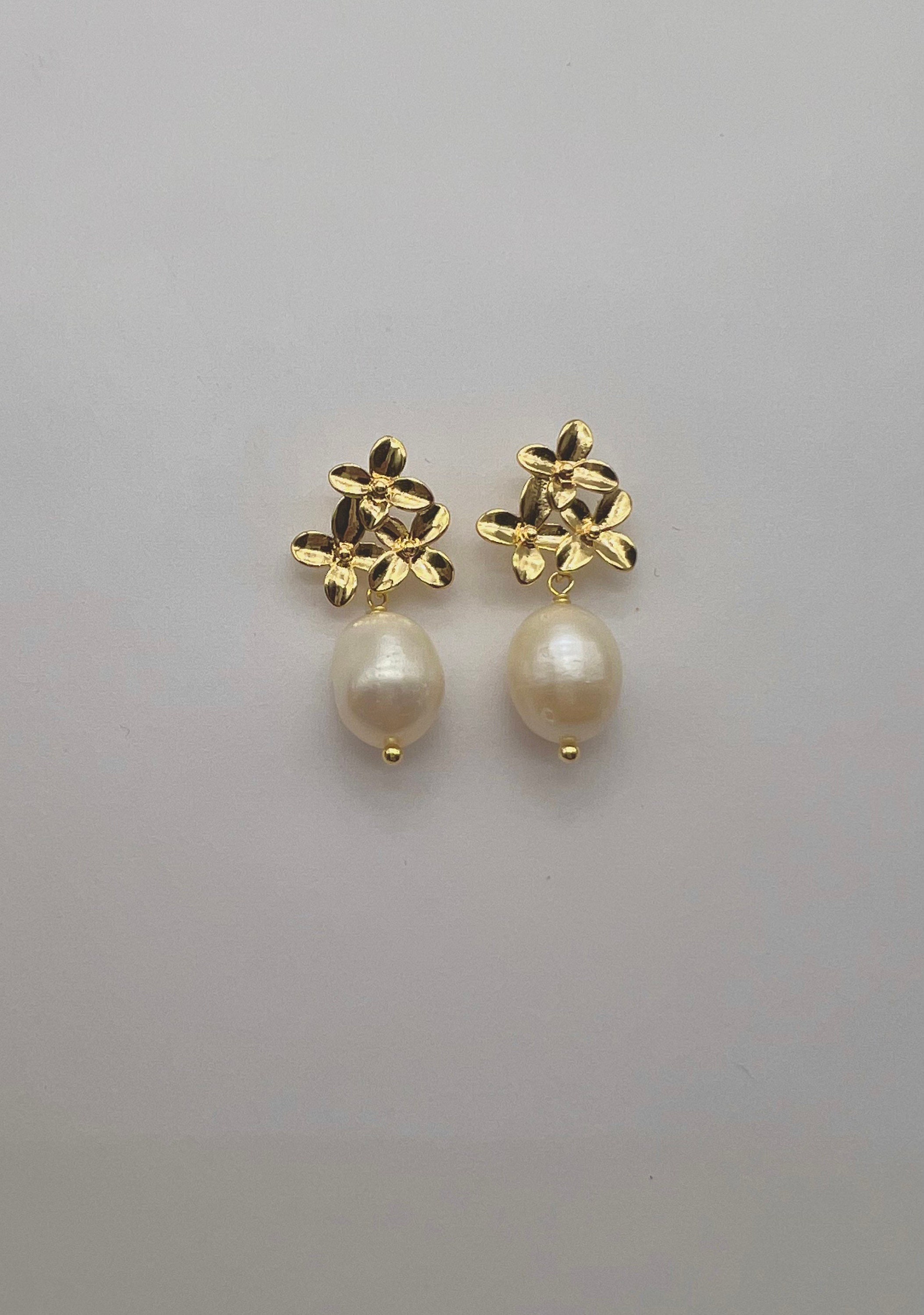 14K Gold Fill Pearl Drop Flower Earrings , Baroque Pearl