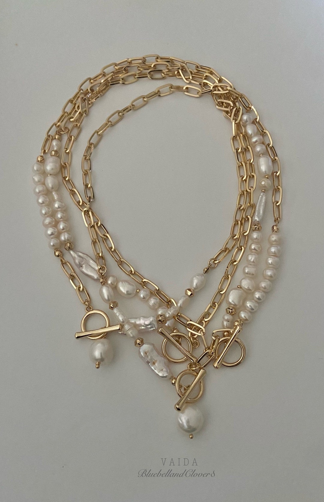 Gold Plated Paperclip Chain and Baroque Pearls Toggle Necklace Baroque