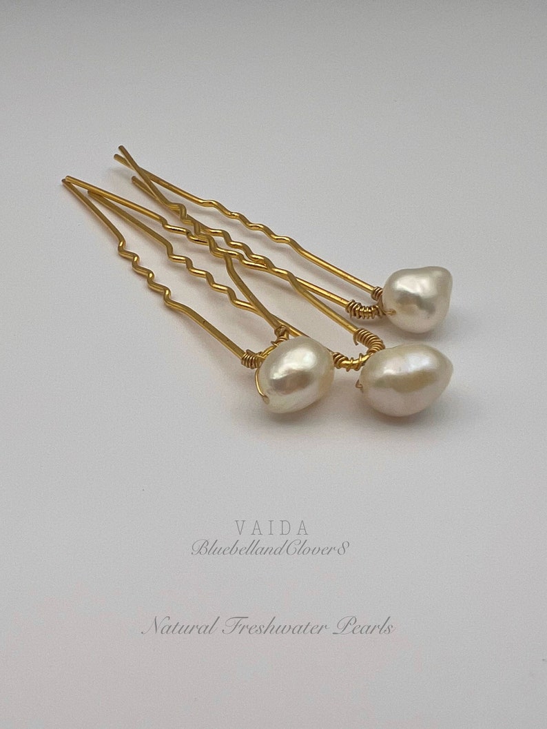 Natural Freshwater Baroque Pearl Hair Pins, Freshwater Pearl Hairpins Bride, Bridesmaids Natural Freshwater Pearl Hair Pin Set Gold image 1