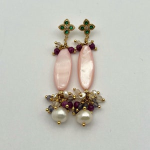 Pink Queen Conch Shell, Pearls, Moonstone, Cordierite & Rubies Gold Earrings |Queen Conch Shell Earrings |Gemstone Earrings |Conch Jewellery