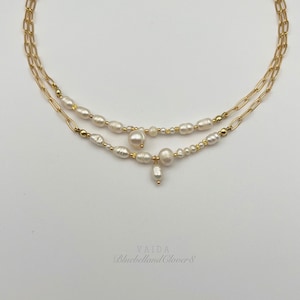14K Gold Filled paperclip chain and Baroque pearls Necklace | Pearl Link Chain Necklace | Paperclip Link Chain Choker Necklace