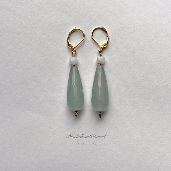 Light Blue Guatemalan Jade Teardrop Earrings | Translucent Pale blue Jade teardrop Earrings | Blue Jade with Moonstone Earrings