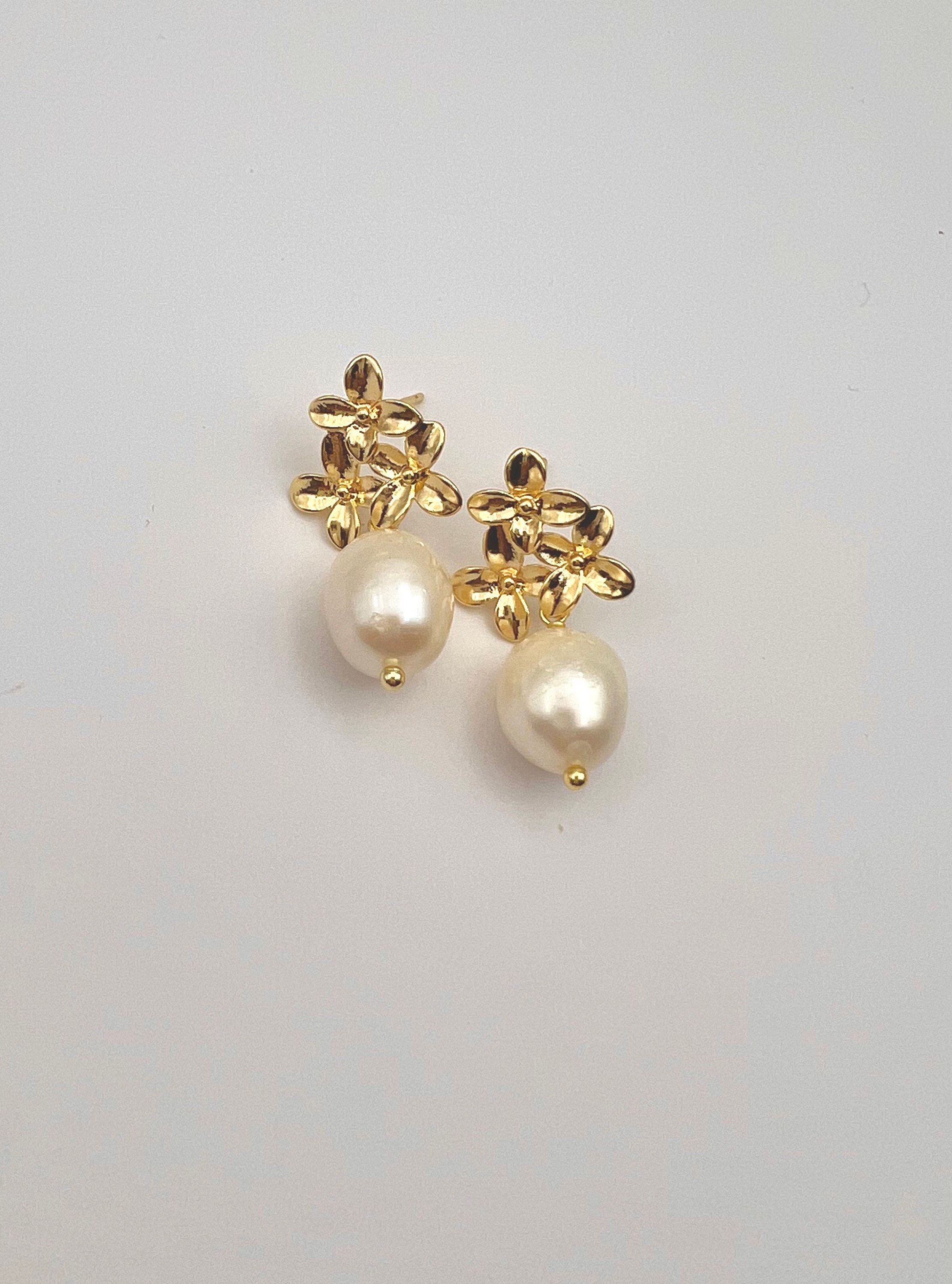 14K Gold Fill Pearl Drop Flower Earrings , Baroque Pearl