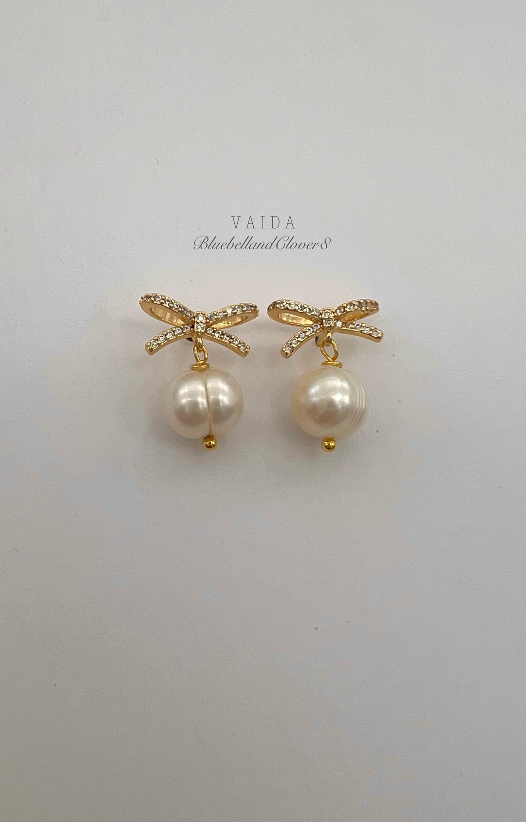 Pearl 18k Gold Ribbon Bow Earrings Gold Pearl Earrings Wedding Earrings