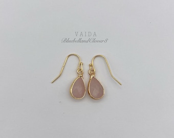 Rose Quartz Gold Earrings | Rose Quartz Gold Trim Earrings | Rose Quartz Teardrop Earrings | Pink Stone earrings
