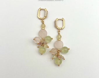 Rose quartz & Prehnite 24k gold filed Statement Earrings | Blush colour Earrings | Gemstone Earrings | Rose Quartz cluster earrings