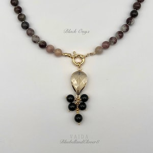 Raw Tourmaline and black Onyx beaded Necklace | Chunky Natural Stone Necklace | Chunky gemstone Statement necklace | Chunky onyx necklace