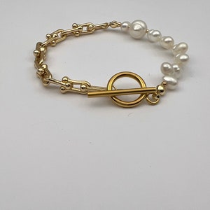 Chunky Chain Link 14k Gold Filed Bracelet With Natural Pearl, Statement ...