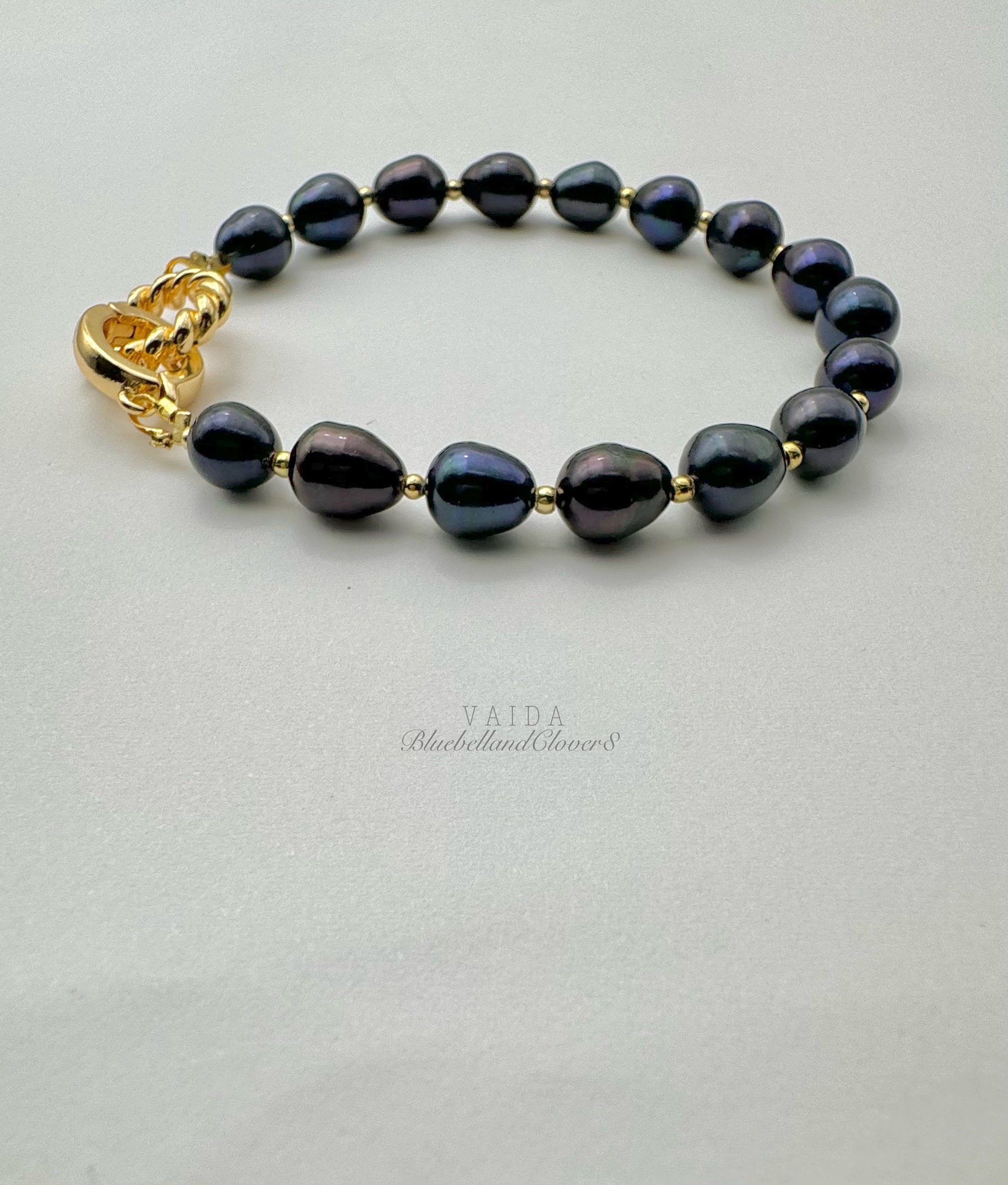 18K ゴールドフィルド パール ブレスレット、ダーク ピーコック ブルー 