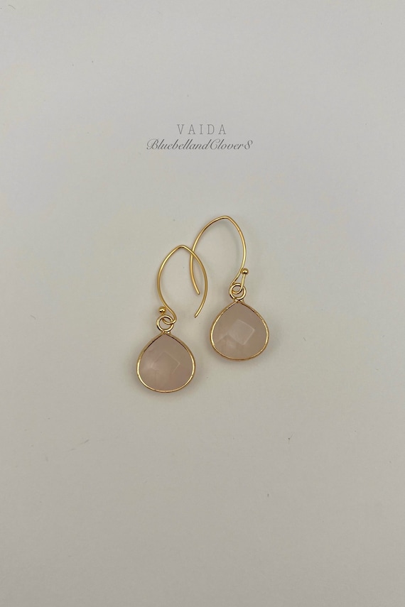 Natural Rose Quartz Teardrop Gold Earrings Rose Quartz Gold Trim