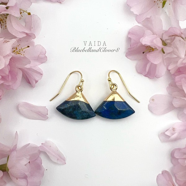 Lapis Lazuli Fan Gold Earrings | January Birthstone | Genuine Lapis Lazuli Earrings | Fan shape Blue Stone earrings | Fan Shape