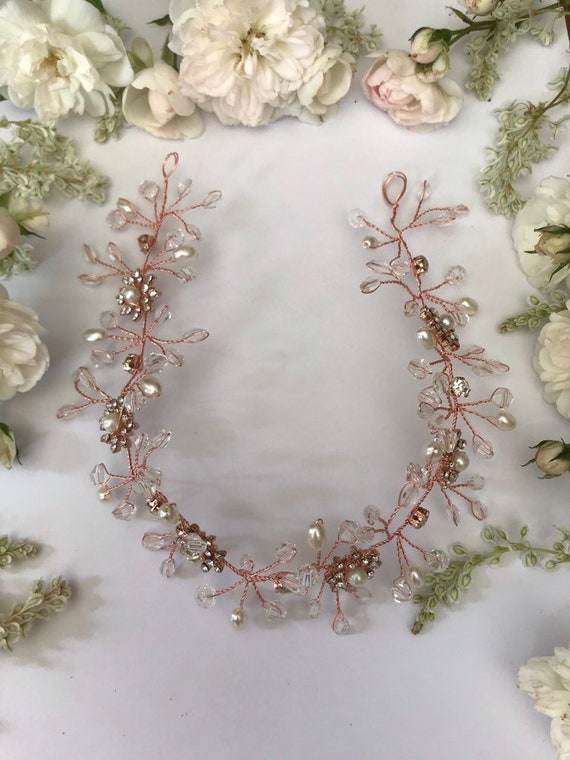 Rose Gold Crystal Flowers and Pearl Wedding Hair Vine  display picture 1