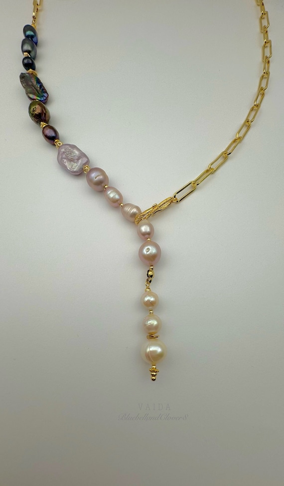 Baroque Pearl Chain Y Necklace | Keshi Pearl Necklace | Ombre Pearl chain Necklace | Baroque pearl Lariat necklace | Multi way necklace