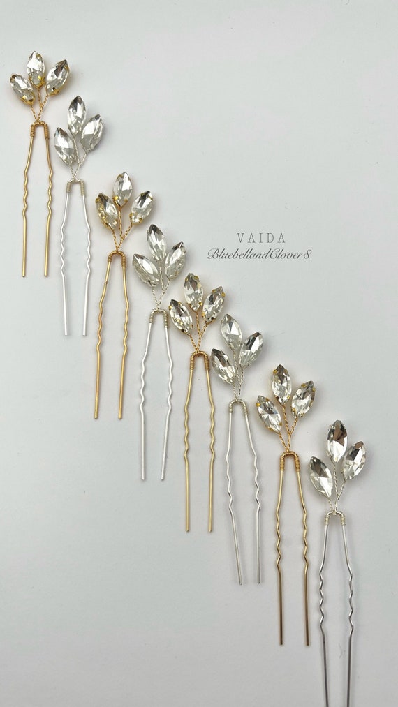 Gold or Silver Crystal Leaf Bridal Hair Pin | Silver or Gold  display picture 3