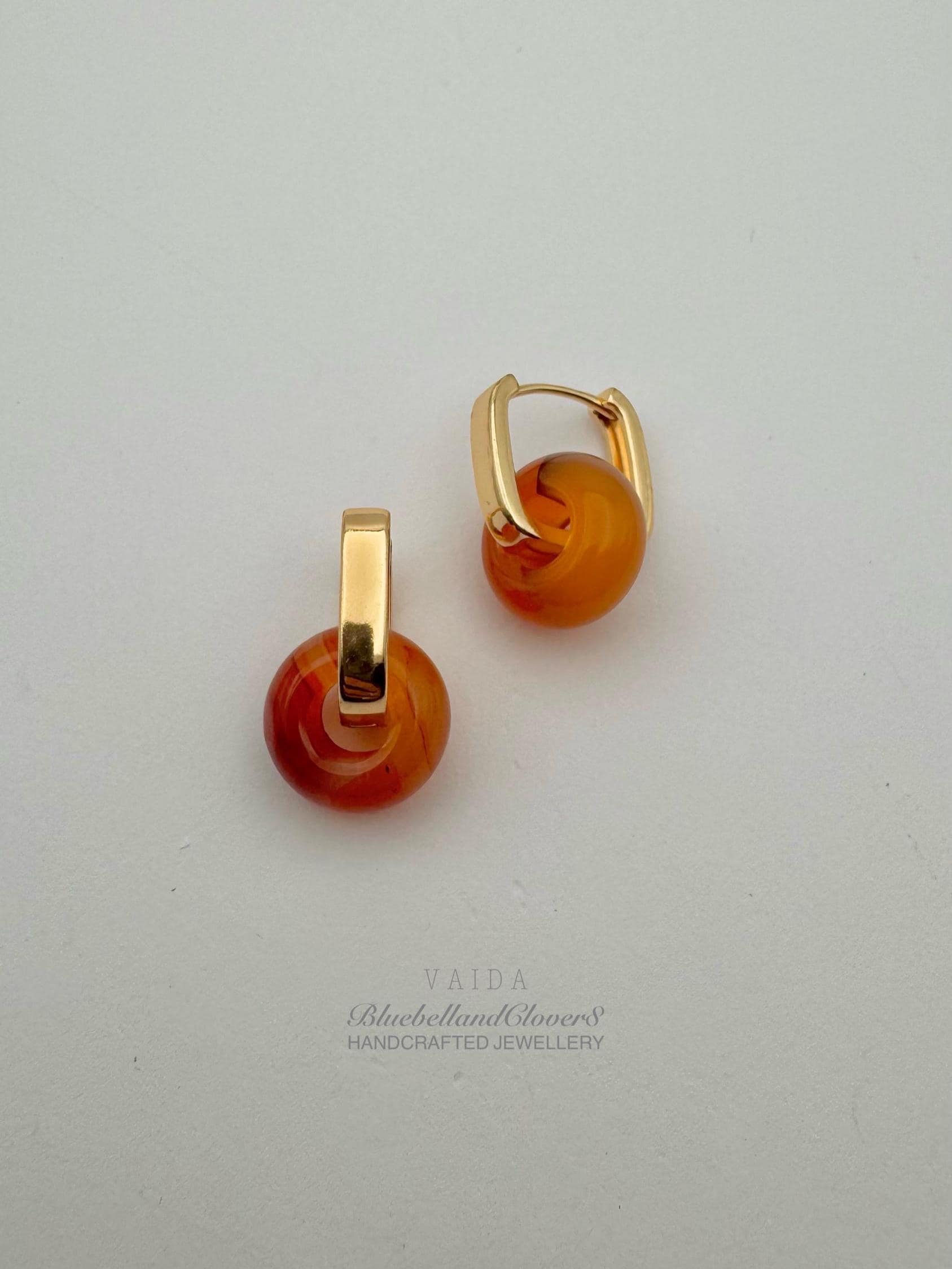 Boucles D'oreilles Anciennes Plaqué Or - Cristal Et Cornaline Véritable