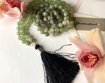 Aventurine & Labradorite Mala Necklace | Hand Knotted 108 Mala Necklace | Yoga Tassel Necklace | Japa Mala| Meditation | Bohemian necklace