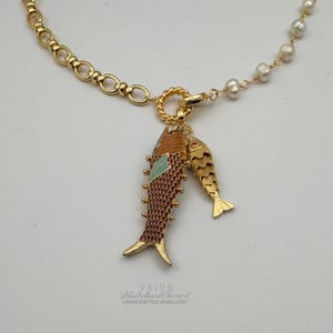 Collier pendentif poisson avec chaîne de perles | Collier chaîne de perles | Collier poisson avec perles flottantes | Collier à breloques poisson