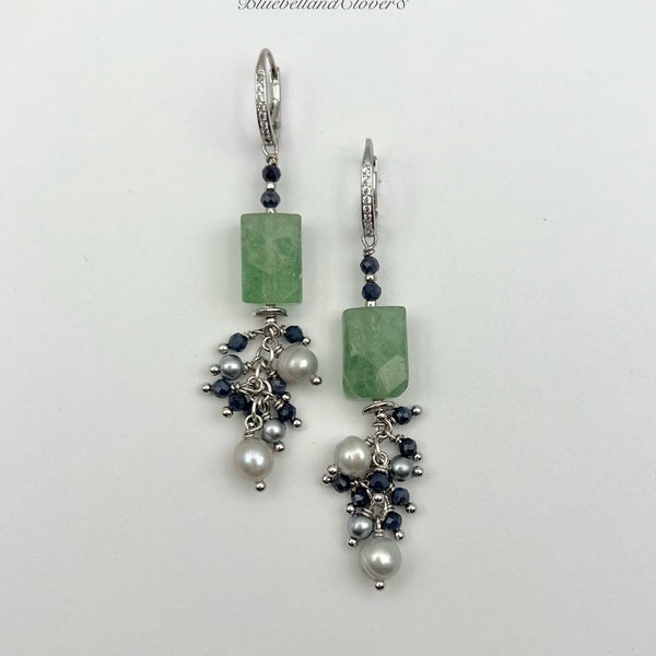 Green Strawberry Quartz, Grey Baroque Pearls & Blue Sapphire Earrings | Green Strawberry quartz earrings | Gemstone Rhodium plated earrings