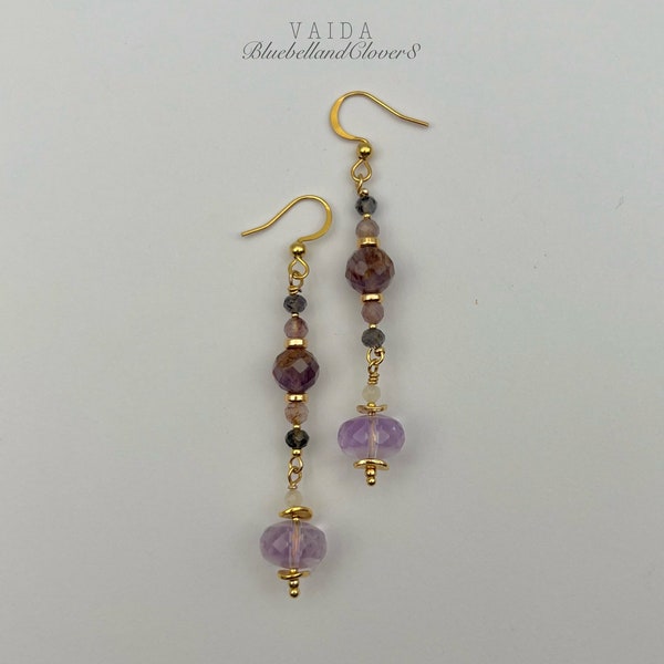 Amethyst and Cacoxenite Amethyst (Auralite) Dangle Earrings, Auralite Earrings, Amethyst Earrings