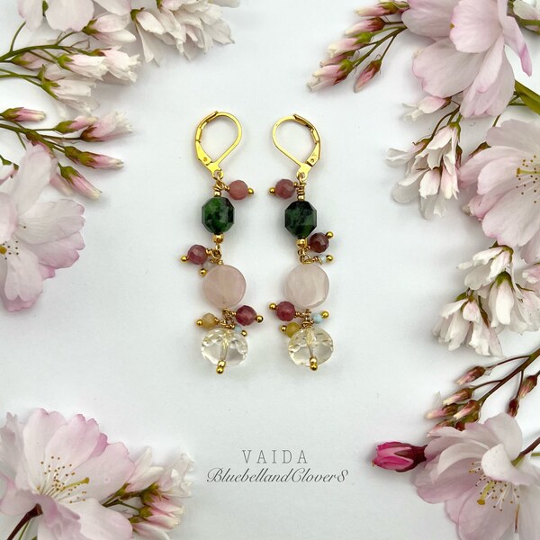 Citrine Crystal Ruby Zoisite Pink Tourmaline Earrings, Rose Quartz Yellow opal and tiny Larimar gemstone Earrings | Citrine crystal earrings