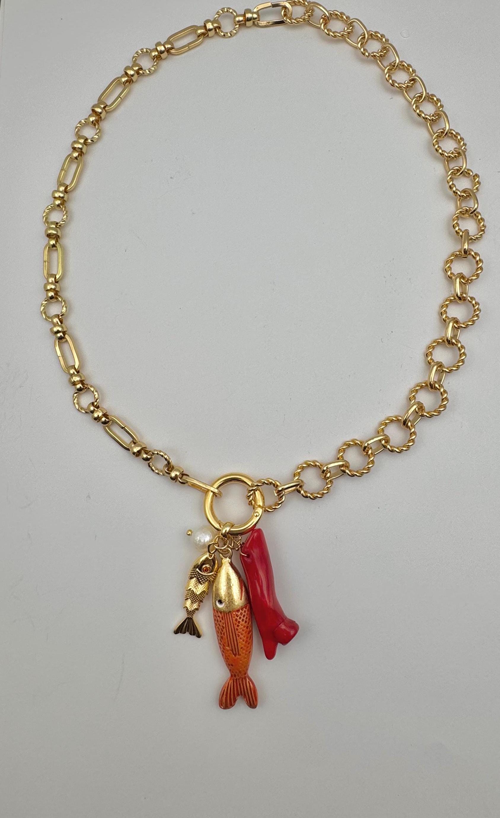 Fish Pendant Chunky Chain Statement Necklace | 14k Gold Filled Chunky ...