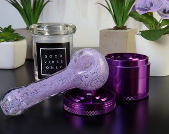 Purplelicious FULL SET: 4 Inches Glass Pipe, Grinder and Airtight Glass Jar.