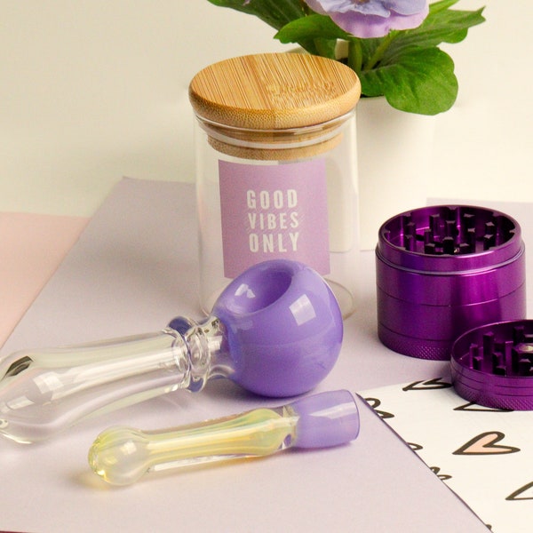 Purple Dream Set: Purple - 4.5" Hand Pipe, matching chillum, Purple Grinder, and Good Vibes Airtight Glass Jar.