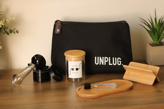 Smell Proof Smoking Set: 4" Glass Pipe/Smoking Bowl, Black Grinder, Pouch Bag, Glass Chillum, Rolling Cradle, Tray and  Airtight Glass Jar.