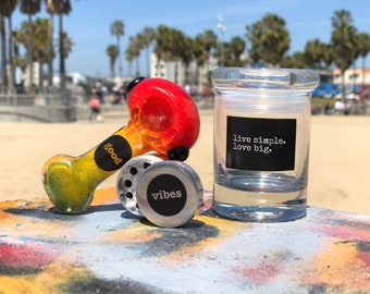 Rasta Good Vibes Set: Spoon Pipe, Mini Grinder and Mini Glass Jar. Glass Pipe Stash Herb Grinder Glass Smoking Pipe Glass Jar