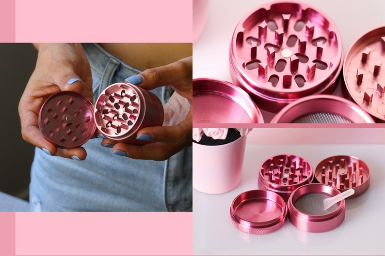 May include: A pink metal grinder with four pieces. The grinder has a top piece with a flower-shaped design, a middle piece with a screen, a bottom piece with a scraper, and a catch container.