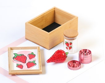 Strawberry Stash box FULL SET: Glass Pipe, Grinder, Airtight Glass Jar, Bamboo Box