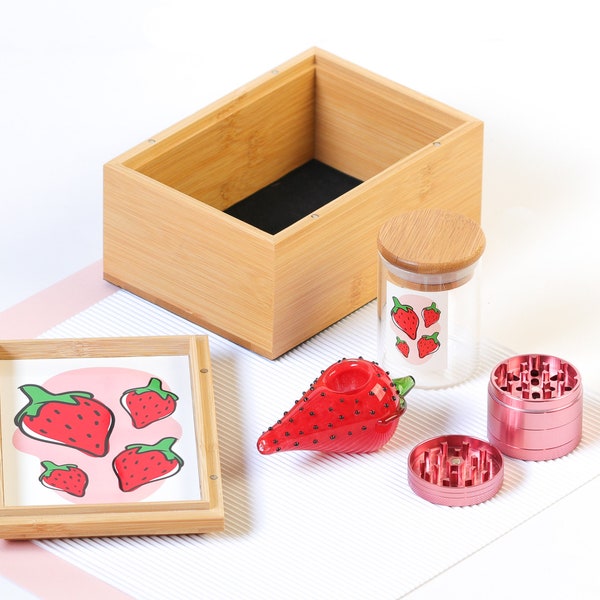 Strawberry Stash box ENSEMBLE COMPLET : Pipe en verre, broyeur, bocal en verre hermétique, boîte en bambou