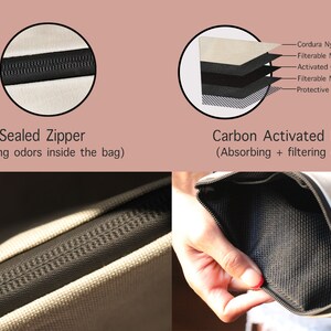 May include: Close-up of a zipper on a beige bag. The zipper is sealed to prevent odors from escaping. The bag also features a carbon activated lining to absorb and filter odors. The lining is made of multiple layers of fabric, including Cordura nylon, filterable non-woven fabric, activated carbon, and a protective mesh.