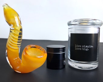 Orange Good Vibes Set: Spoon Pipe, Mini Grinder and Mini Glass Jar. Glass Pipe Stash Herb Grinder Glass Smoking Pipe Glass Jar