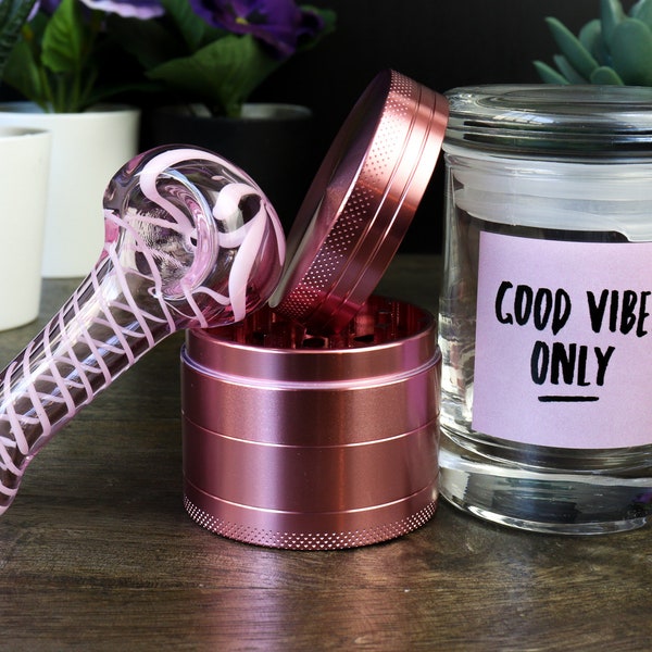 Tiny Pink Good Vibes Set: 3 Inch Pink Glass Smoking Pipe, Grinder and Airtight Glass Jar.
