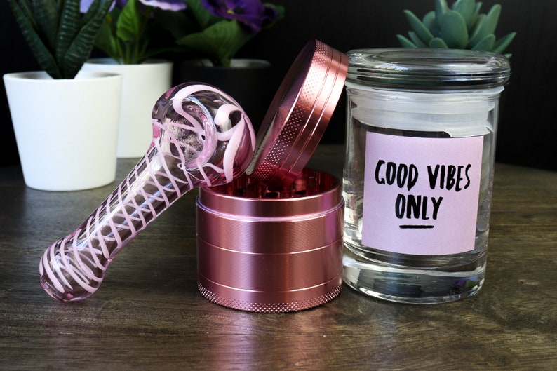 Tiny Pink Good Vibes Set: 3 Inch Pink Glass Smoking Pipe, Herb Grinder and Airtight Glass Jar. Bowl Pipe Stash Glass Smoking Pipe 