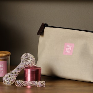 Good Vibes Smell Proof Pouch Bag Set: 4.5" Glass Pipe, Pink Grinder, Pouch Bag, Chillum and Airtight Glass Jar.