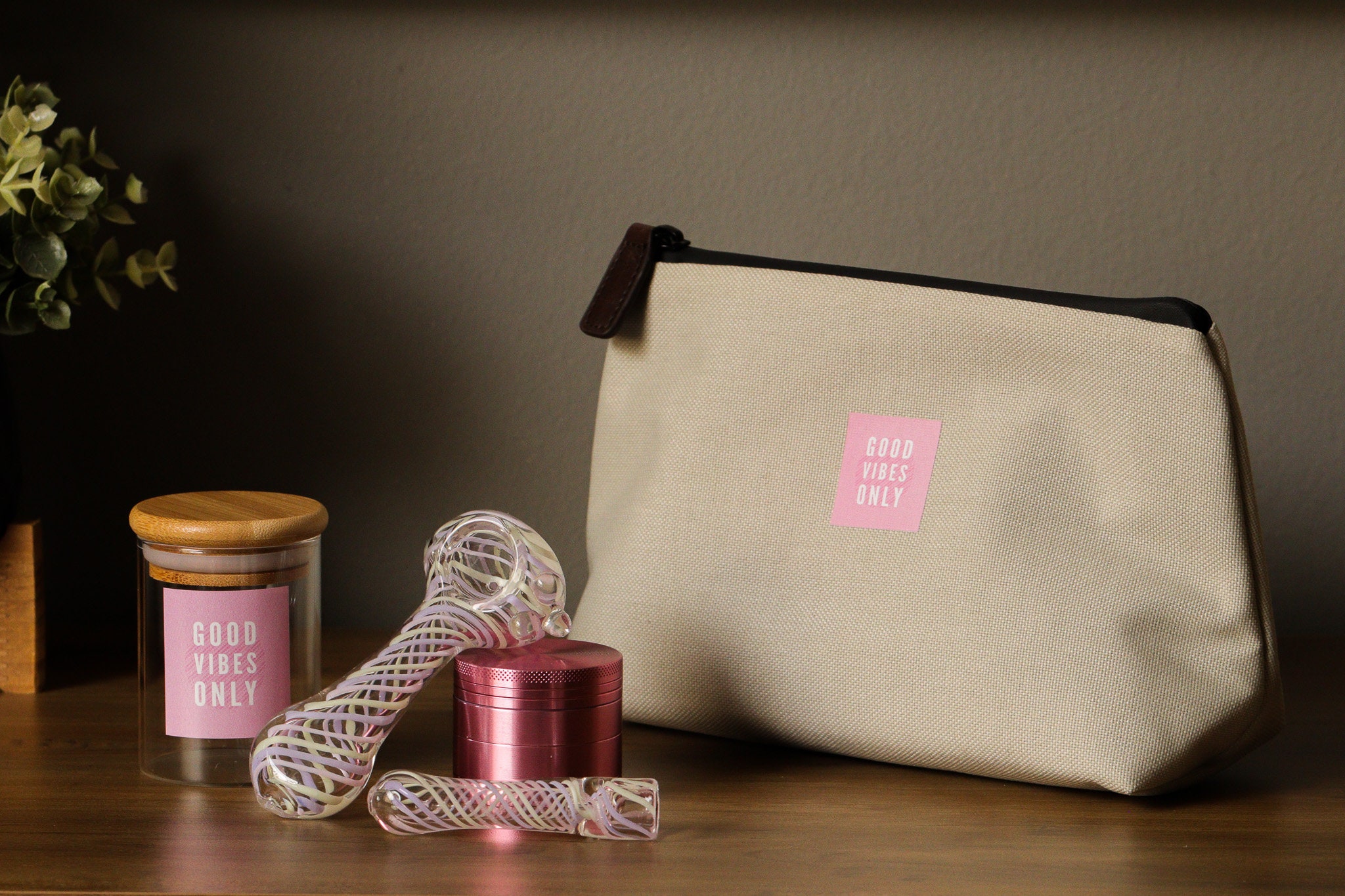 Good Vibes Smell Proof Pouch Bag Set: 4.5" Glass Pipe, Pink Grinder, Pouch Bag, Chillum and Airtight Glass Jar.