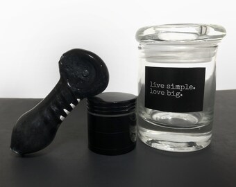 Black Good Vibes Set: Spoon Pipe, Mini Grinder and Mini Glass Jar. Glass Pipe Stash Herb Grinder Glass Smoking Pipe Glass Jar