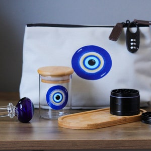 Evil Eye Smell Proof Stash Set: Pouch,Glass Pipe,Airtight Glass Jar, Grinder, rolling Tray