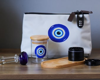 Evil Eye Smell Proof Stash Set: Pouch,Glass Pipe,Airtight Glass Jar, Grinder, rolling Tray