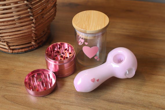 Cutest Sweetheart Smoke Set: Girly Pink Glass Pipe/Smoking Bowl, Pink Grinder, Airtight Glass Jar.