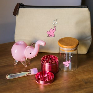 Smell Proof Pink Elephant Set: 3" Elephant Glass Pipe, Pink Grinder, Smell Proof Pouch and Airtight Glass Jar.