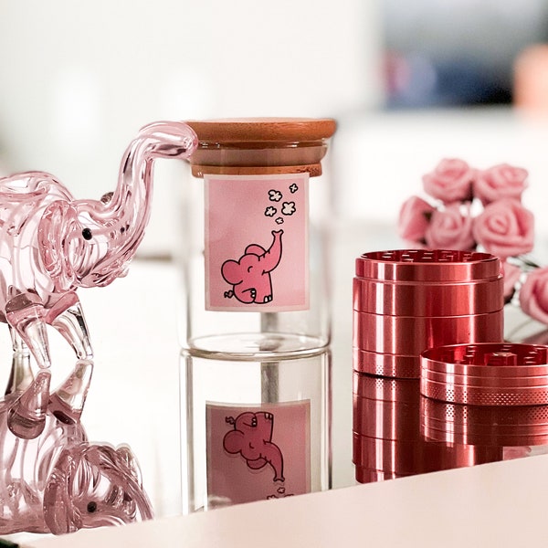 Pink Elephant Set: 3" Glass Pipe, Pink Grinder and Airtight Glass Jar.