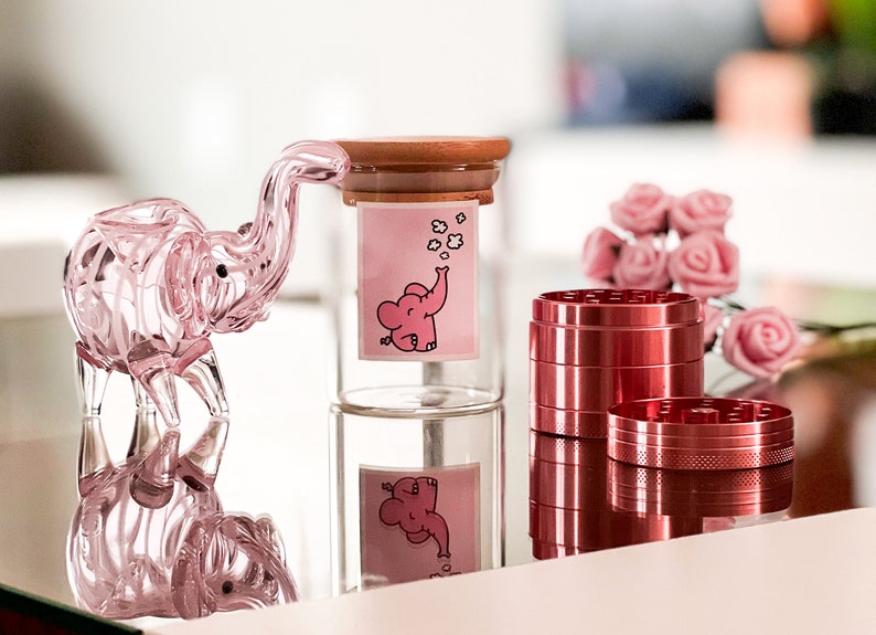 Pink Elephant Good Vibes Set: 3' Smoking Pipe, Grinder and Airtight Glass Jar. Glass Pipe Stash Herb Grinder Spoon Pipe Glass Jar 