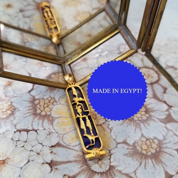 Lapis Lazuli Gemstone Egyptian Nameplate Necklace - Personalized Cartouche Pendant - Your Name in Hieroglyphic Symbols - MADE IN EGYPT