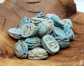 Egyptian Scarab Beads - Blue Hand-Carved Soapstone - Ancient Egypt Hieroglyphic Scarabs - 6 Pieces- Made in Egypt