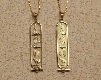 14K Solid Gold Personalized Cartouche Pendant - Egyptian Nameplate Necklace - Your Name in Hieroglyphic Symbols - Jewelry Made To Order