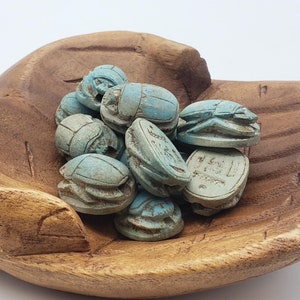 Egyptian Scarab Beads - Blue Hand-Carved Soapstone - Ancient Egypt Hieroglyphic Scarabs - 6 Pieces- Made in Egypt