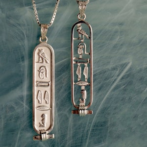 Made in Egypt Sterling Silver Egyptian Cartouche Nameplate Necklace - Your Name in Hieroglyphic Symbols - Personalized Jewelry Made to Order
